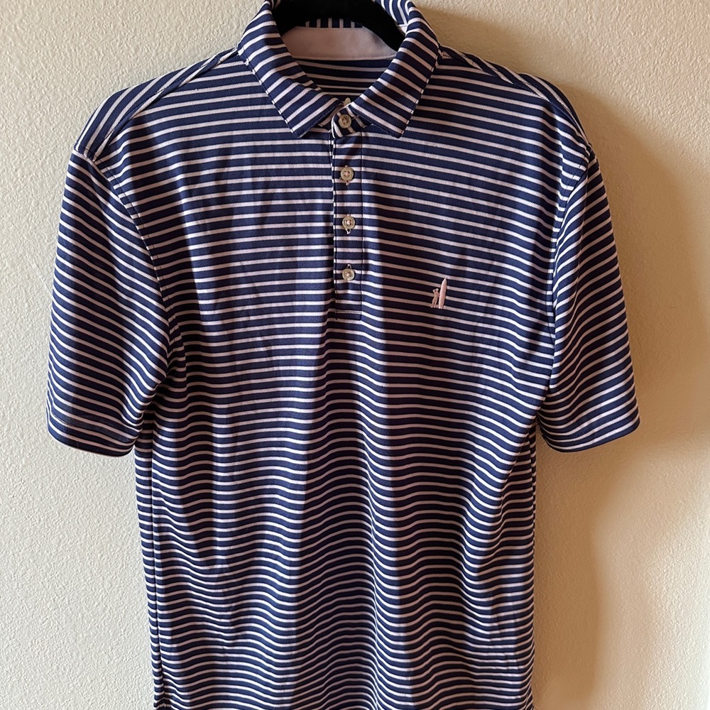 johnnie-O Men's Navy and Pink Striped Polo Shirt